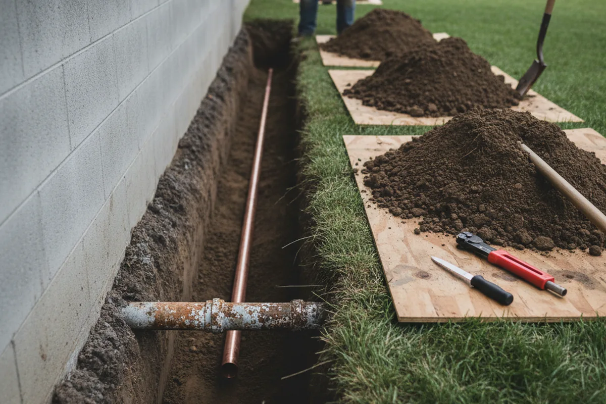 Excavated water line trench during Water Softener Installation in Fonda
